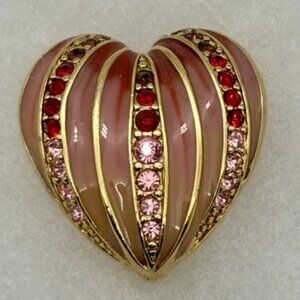 Vintage Monet Heart Shaped Pin Brooch Pin, Enamel With Pink and Ruby Rhinestones